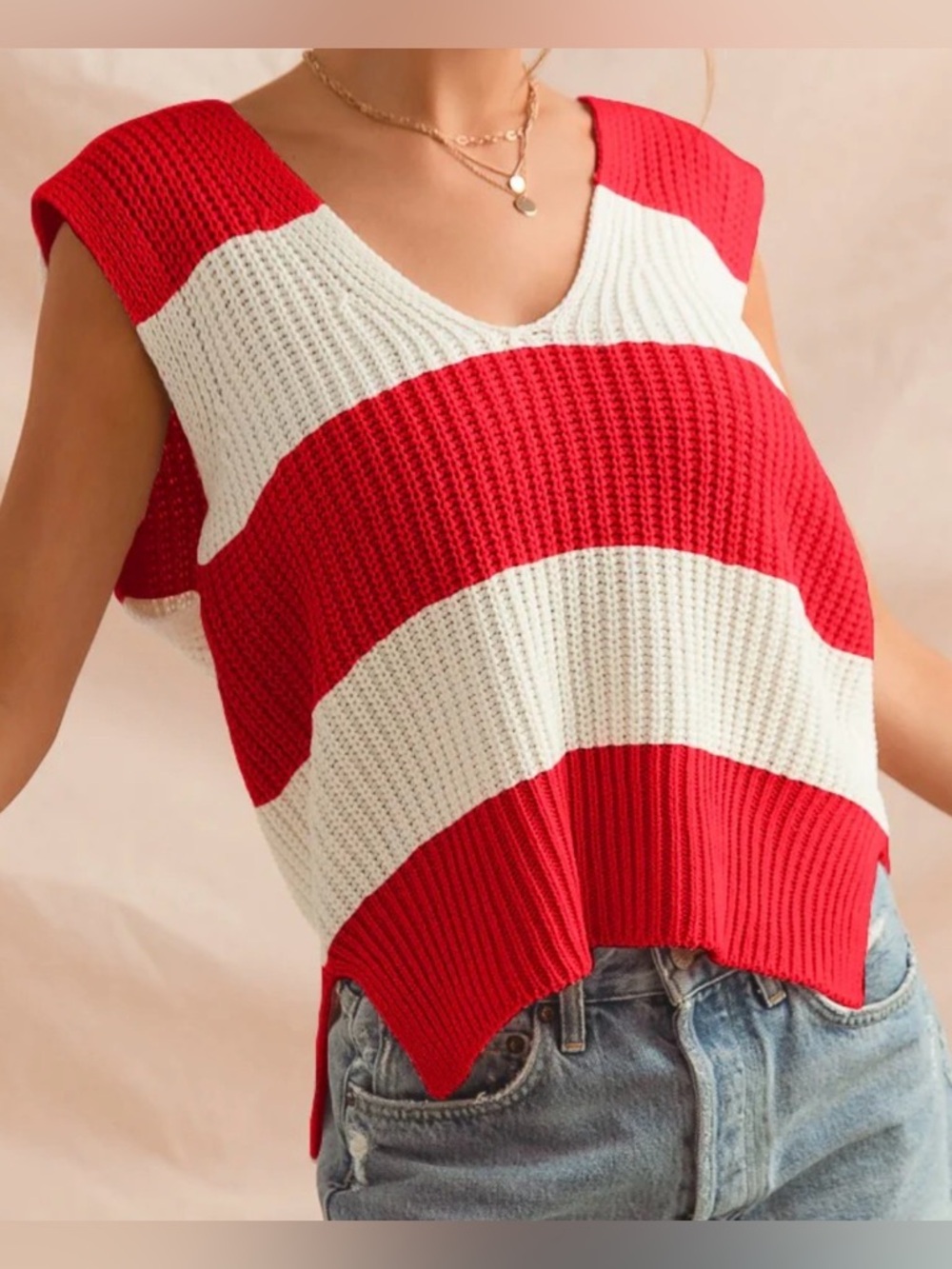 NWT SoMe Nautical Coastal Rane Red & White Striped Knit Sleeveless Vest small